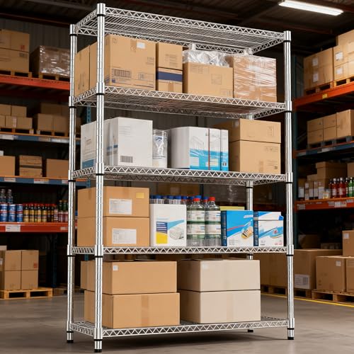 5 Tiers Shelf Metal Storage Shelves 3300 lbs Steel Storage Shelving Utility Shelving Unit Steel Organizer Wire Rack for Home (5 tier, 17.7"D x 47.2"W x 70.3"H / Chrome)