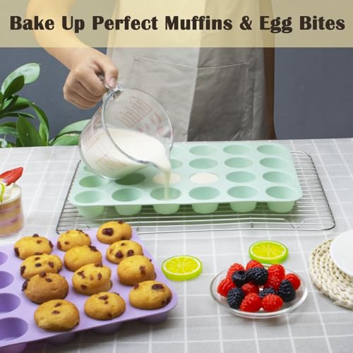 24 Cups Silicone Mini Muffin Pan Set (Set of 2--24 Cups (Green+Purple))