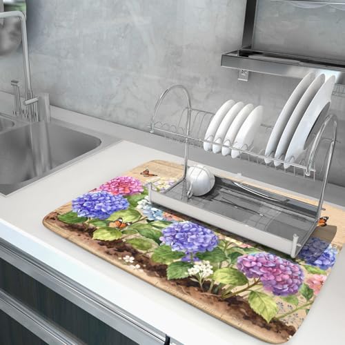 Vintage Flowers Dish Drying Mat Large 24 X18 Hydrangea Microfiber Drying Matt Kitchen Counter (Vintage Hydrangea Brown / 24" x 18")