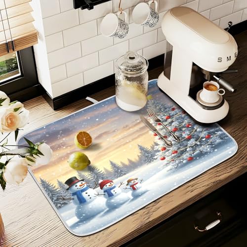 Christmas Tree and Snowman Dish Drying Mat for Kitchen Counter Absorbent Microfiber Small Winter Snowflakes Drying Pad Dish Mats for Kitchen Countertops 16 x 18 Inch (18" x 16")