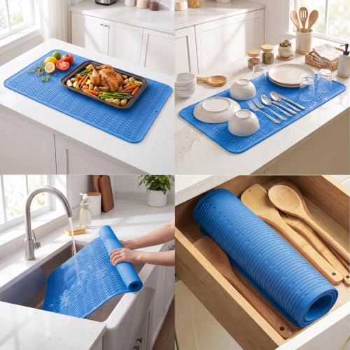 Silicone Dish Drying Mat for Multiple Usage (Lichen Blue / 36"L x 18"W)