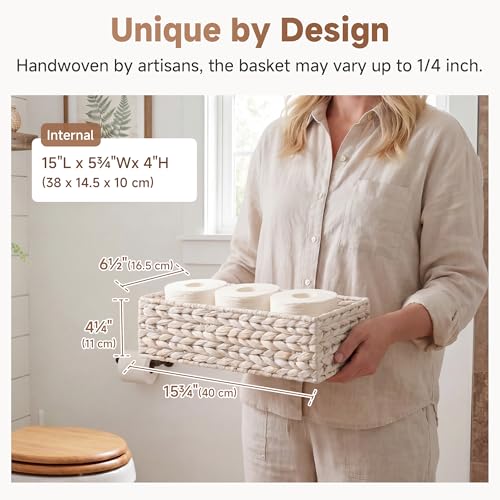 Small Toilet Paper Basket for Back of Toilet Basket (White(water Hyacinth) / 15 ¾"L x 6 ½"W x 4 ¼"H)