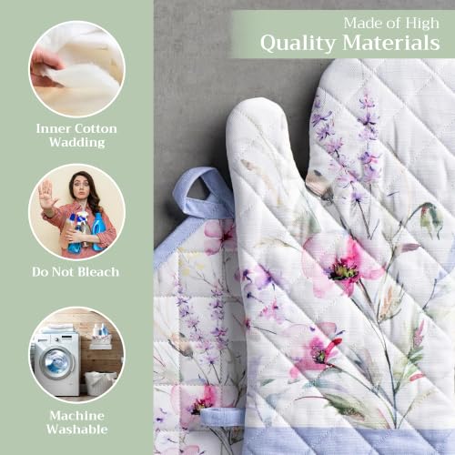 100% Cotton Oven Mitt & Pot Holder Set (068 - Summer Floral / 7.5" x 13" & 8" x 8" (Oven Mitt & Pot Holder))