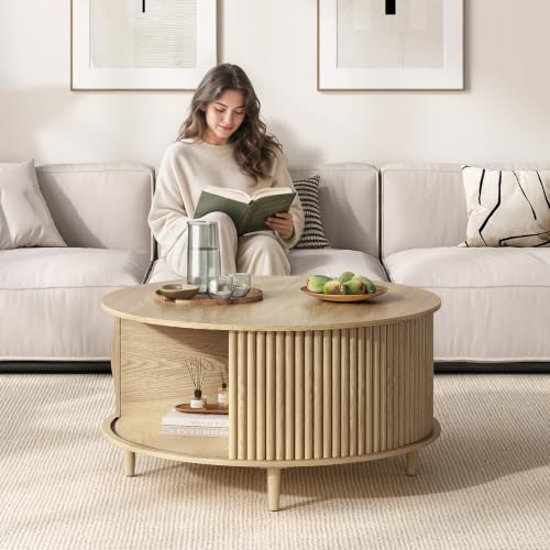 Round Coffee Table with Storage for Living Room (Light Oak)