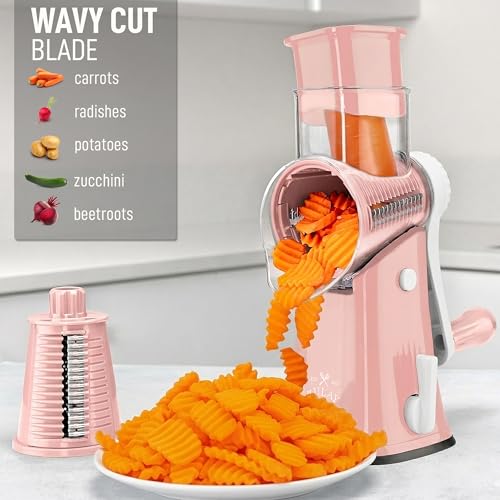 Rotary Cheese Grater Manual Hand Crank 5 Blade Shredder (5 Blades / Peach & White)