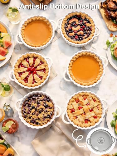 6in Ceramic Mini Pie Pan Set of 6 with Handles for Pie Quiche Tart. Easy to grip (White / 6IN*1.2IN)