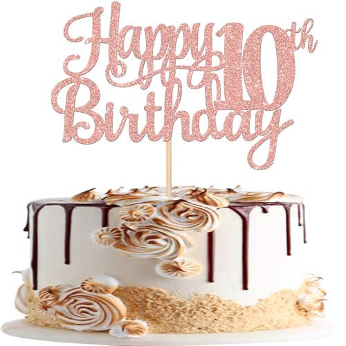 1 PCS Happy 10th Birthday Cake Topper Glitter Cheers to 10 Years Birthday Cake Pick 10 Fabulous Double Digits Cake Decoration for Happy 10th Birthday Theme Party Decorations Supplies Rose Gold (Rose Gold / 10th)