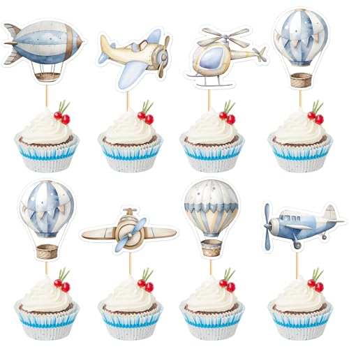 35Pcs Watercolor Blue Airplanes Cupcake Toppers Cartoon Hot Air Balloon Helicopter Cupcake Picks for Blue Boys Birthday Cupcake Decorations Airplane Baby Shower Cake Decorations (35 Count)