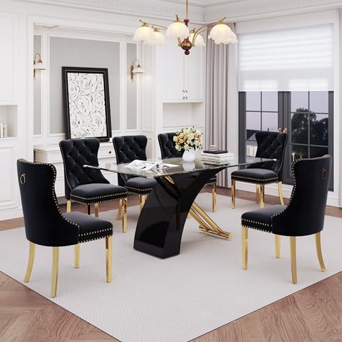 7 Piece Glass Dining Table Set for 6 (Black Table & Gold Black Chair / 7-Piece Set-X-Shaped Table)