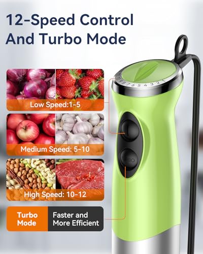 Immersion Blender Handheld 1000W 5 in 1 Corded Stick Hand Blender Kitchen with 12 Speed (Green)