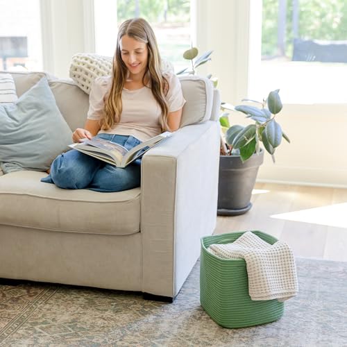 Storage Cubes 11 Inch Cotton Rope Woven Baskets for Organizing (Green)