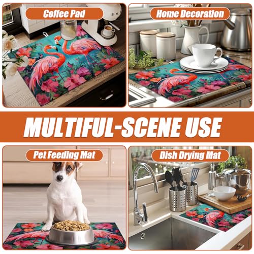 Tropical Flower Flamingo Dish Drying Mat for Kitchen Counter Microfiber Absorbent Dish Kitchen Drying Mat Draining Reusable Washable for Dishes