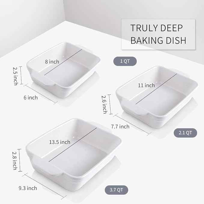 KOOV Bakeware Set, Ceramic Baking Dish Set, Rectangular Casserole Dish Set, lasagna Pan, Baking Pans Set for Cooking, Cake Dinner, Kitchen, 9 x 13 Inches, 3-Piece (Set of 3, White)