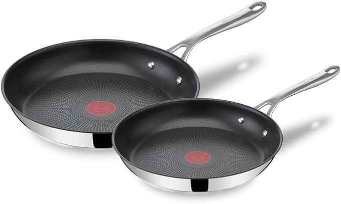 T-Fal x Jamie Oliver Nonstick Coated Stainless Steel Pans 9.5" & 11", Induction Compatible, Oven Safe up to 500°F, Chef's Stainless Steel Skillet, Frying Pan, Silver