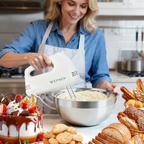 Hand Mixer Electric Mixing Bowls Set (A-White)