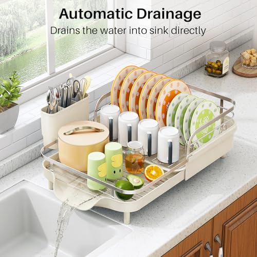 Expandable Dish Drying Rack for Small Kitchen Counter (Beige)