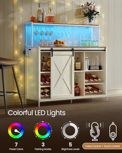 Coffee Bar Buffet Cabinet with LED Light and Power Outlet (With Power Outlet and Light / 14.2"D x 47.2"W x 44.9"H / Rustic White + Honey Brown)