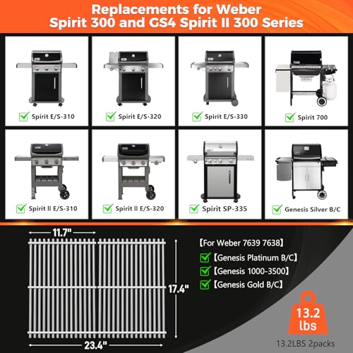 9MM Grill Grates for Weber Spirit 300 & GS4 Spirit II 300 (17.5" for Spirit 3 Burner)