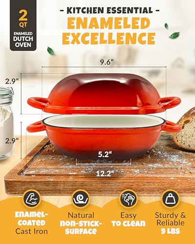 2 QT Oval Cast Iron Dutch Oven for Bread Baking with Lid & Kit (Red / 2QT Oval)