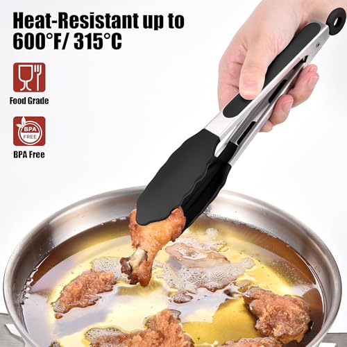 Kitchen Tongs with Silicone Tips for Cooking Serving (9in / Black)