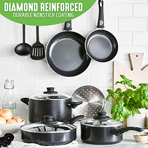 Soft Grip Healthy Ceramic Nonstick 12 Piece Kitchen Cookware Pots and Frying Sauce Saute Pans Set (12 Piece Cookware Set / Black)