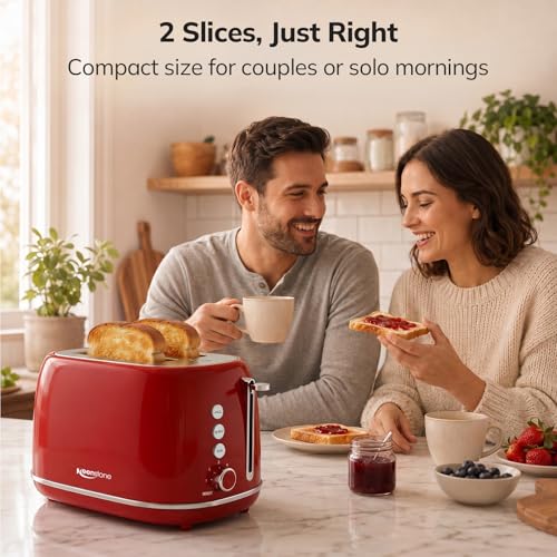 2 Slice Stainless Steel Toaster Retro with 6 Bread Shade Settings (2 Slice / Red)