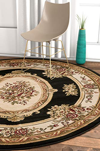 Timeless Collection Le Petit Palais Black 8' Foot Round Luxurious Traditional French Medallion Oriental Area Rug Perfect for Living Room Bedroom or Dining Room Easy (7'10" (Round) / Black)
