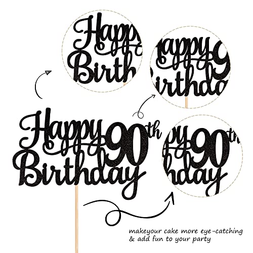 1 PCS Happy 90th Birthday Cake Topper Glitter Cheers to 90 Years Birthday Cake Pick 90 Fabulous Cake Decoration for Happy 90th Birthday Theme Party Decorations Supplies Black (Black / 90th)