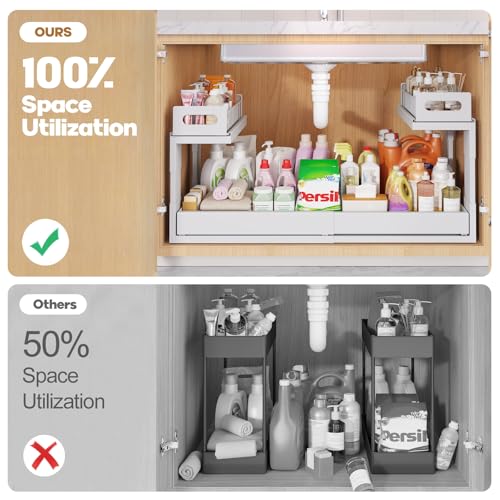 1 Pack-19"-32"W Expandable Under Sink Organizer With Upgrade Ball-Bearing Slide,2-Tier Pull Out Under Cabinet Organizer Height Adjustable,Not Suitable For Cabinets With Partitions In The Middle (1 Pack-19"-32"W / White)