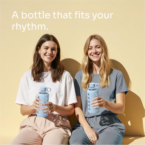 40oz / 32oz / 22oz / 12oz Borosilicate Glass Water Bottle with Time & Volume Markers, Silicone Sleeve, Stainless Steel Lid | Reusable Glass Bottle for Water & Juice (22oz Ice Blue) (Ice Blue (1 Count) / 22 Ounces)