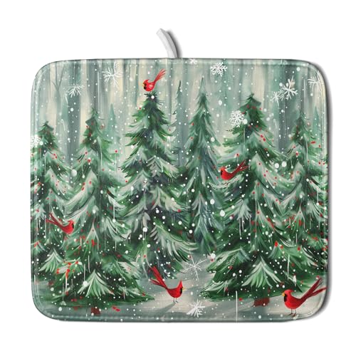 Winter Pine Tree Dish Drying Mat Red Bird Berry Dishes Drainer Mats Absorbent Microfiber Kitchen Counter Protector Drying Mats 16x18 Inch (Winter Pine Tree / 16" x 18")