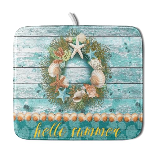 Coastal Wreath Dish Drying Mat 16x18 inch Starfish Shell Absorbent Microfiber Dish Rack Mats Drainer Pad Kitchen Countertop Accessories (Coastal Wreath / 16" x 18")