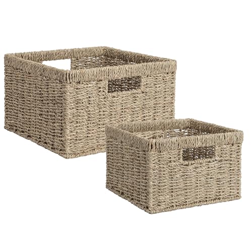 Wicker Storage Baskets for Shelves (Natural (Seagrass) / 11½"L x 11½"W x 7"H + 9¾"L x 9¾"W x 6½"H)