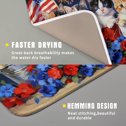 4th of July Dish Drying Mat Patriotic Cats Dish Drying Rack Mat for Kitchen Counter Small (Patriotic Cat Blue / 18" x 16")