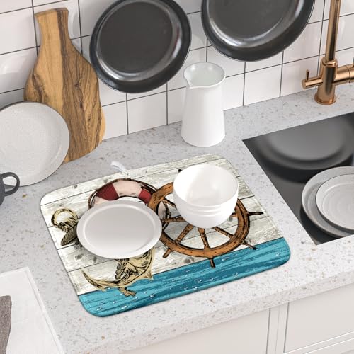 Nautical Anchor Dish Drying Mat 16x18 inch Coastal Boat Fast Dry Microfiber Reversible Dish Drainer Pad Kitchen Countertop Tabletop Decor (Marine Anchor / 16" x 18")