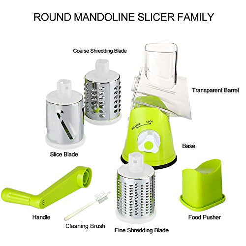 Rotary Cheese Grater Hand Crank Cheese Shredder for Fresh Cheese (3 BLADES / Green)