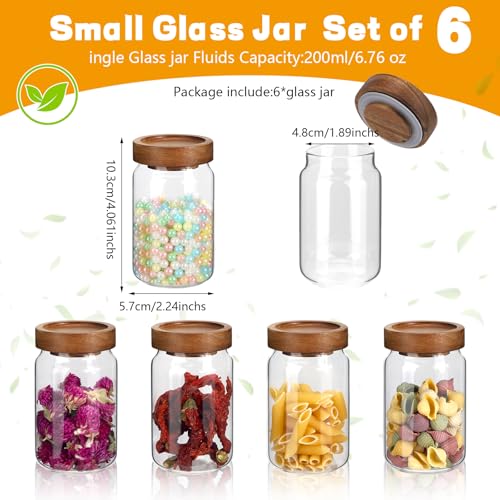 6oz Small Glass Jars with Wood Lid Spice Jar Round Food Storage Canister Clear Glass Containers Jar for Ground Seasoning Pantry Sugar Tea Coffee Bean Spice Herb Cookies (6 * 200ml(6.76oz))