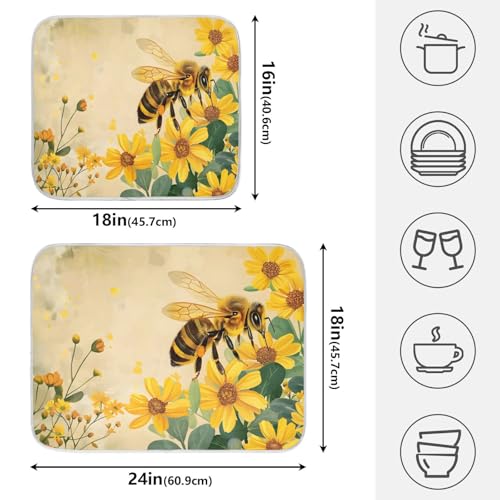 Honey Bee Dish Drying Mat for Kitchen Counter Absorbent Microfiber Large Drying Pad Yellow Flowers Leaves Dish Mats for Kitchen Countertops 18 x 24 Inch117 (24" x 18")
