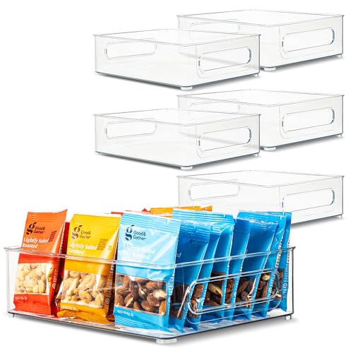 Plastic Food Storage 6 Pack Clear Container Bin with Handles for Organizing Kitchen