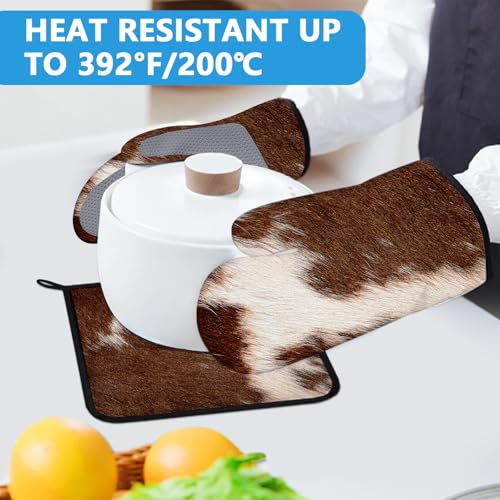 Brown Cow Print Oven Mitts and Pot Holders Sets Heat Resistant 4Pcs Potholders Oven Gloves Hot Pads for Kitchen Baking Cooking Grilling BBQ (Brown Cow Print)
