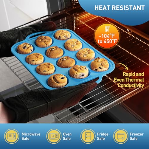 2 Packs 12 Cups Silicone Muffin Pan with Metal Reinforced Frame Regular Size Cupcake Pan Tray Egg Bites Silicone Circle Cookie Molds Muffin Tin Tart Pans Baking Sheet Set for Breakfast Sandwiches (2pc: 12-Cup Regular / Blue)
