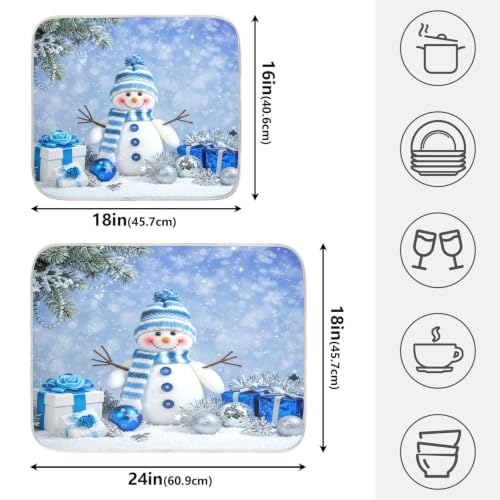Christmas Snowman Winter Dish Drying Mat for Kitchen Counter Absorbent Microfiber Small Drying Pad Dish Mats Snowflake for Kitchen Countertops 16 x 18 Inch (Christmas Snowman Blue / 18" x 16")