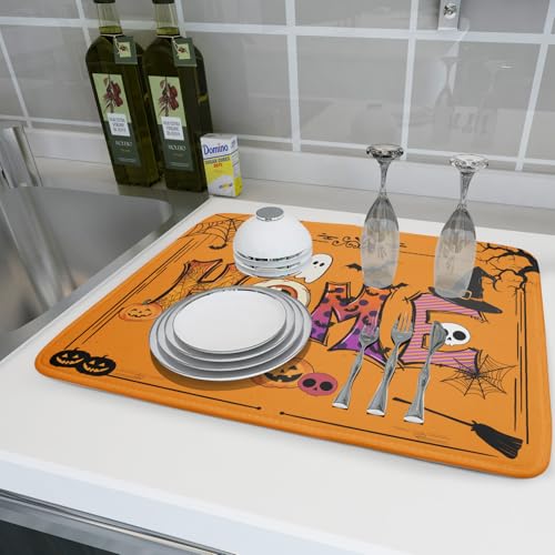 Orange Halloween Dish Drying Mat for Kitchen Counter Home Decor Pad (Funny Home Orange / 24" x 18")