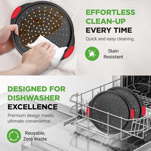 2-Piece 13-Inch Nonstick Pizza Tray, Round Carbon Steel Non-Stick Pizza Pan with Perforated Holes, Premium Bakeware Pizza Screen with Silicone Grip Handles, Dishwasher Safe, NCBPIZX2 (2 Count)