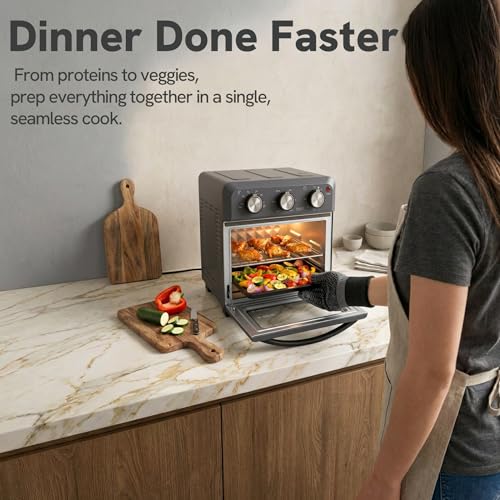 6-in-1 Retro Air Fryer Toaster Oven Combo, Compact 12.7 QT Small Countertop Convection Oven, Fits 9" Pizza & 4 Toast, Hexagon Hybrid Heating, Enamel Baking Pan Included, Dark Grey Color (12.7-QT Dark Grey Color)