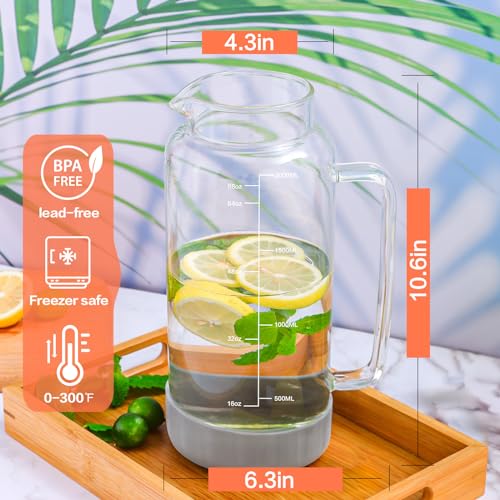 68oz Glass Pitcher with Lid and Handle for Fridge (Grey Silicone)