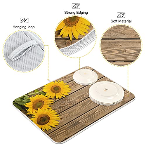 Super Absorbent Dish Drying Mat (Sunflowers On The Wooden / 18" x 24")