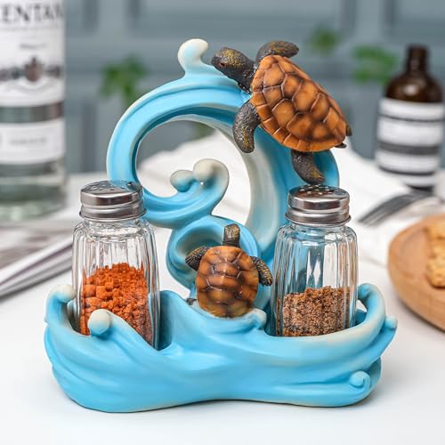 Resin Ocean Sea Turtle Salt And Pepper Shakers Set Holder with Glass Spice Jars (SeaTurtle)