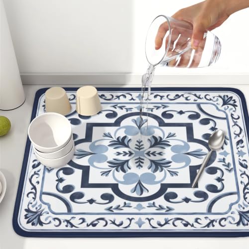 Navy Flower Dish Drying Mat Modern Boho Microfiber Dishes Drainer Pad 18x24 Inch Absorbent Fast Dry Dish Rack Mat for Kitchen Counter Sink (Boho Navy Floral / 18x24 inch)