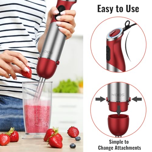5-in-1 Hand Immersion Blender, 1000W 12 Speed Handheld Blender Stick with Copper Motor Stainless Steel Blade, 600ml Mixing Beaker,500ml Food Processor, Whisk, Milk Frother, Non-BPA, Red (Red)